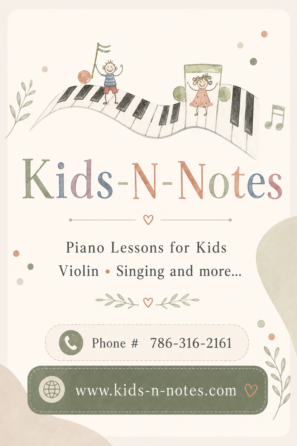 Kids-N-Notes piano and music lessons flyer — Creativa Academy