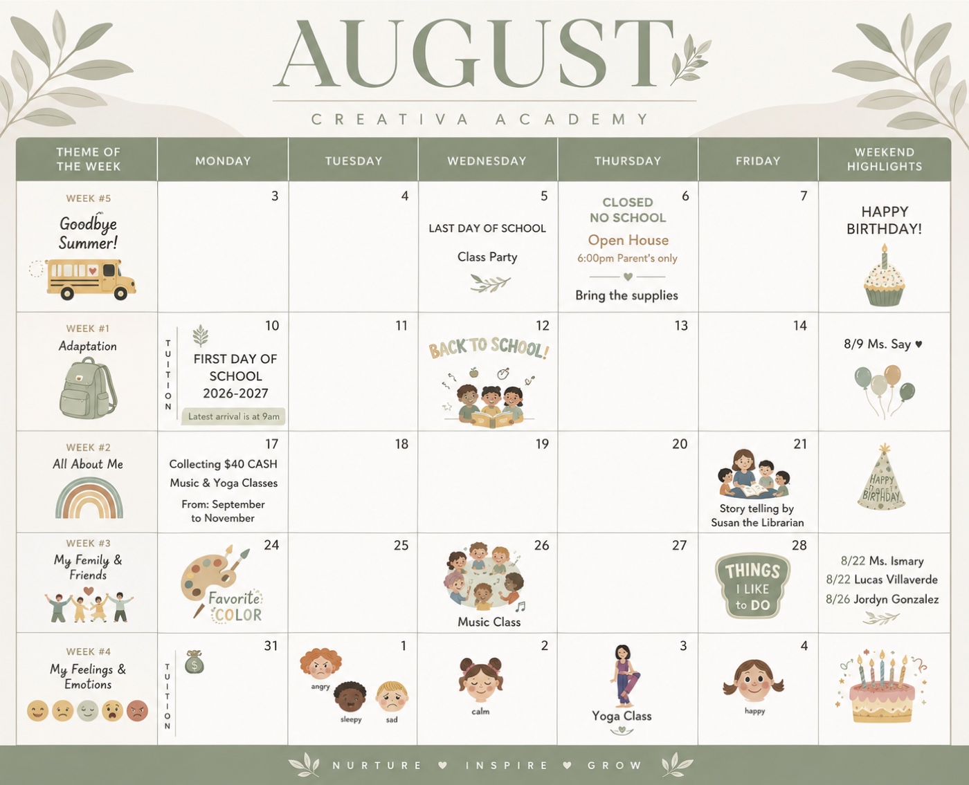 Creativa Academy August 2026 calendar with weekly themes