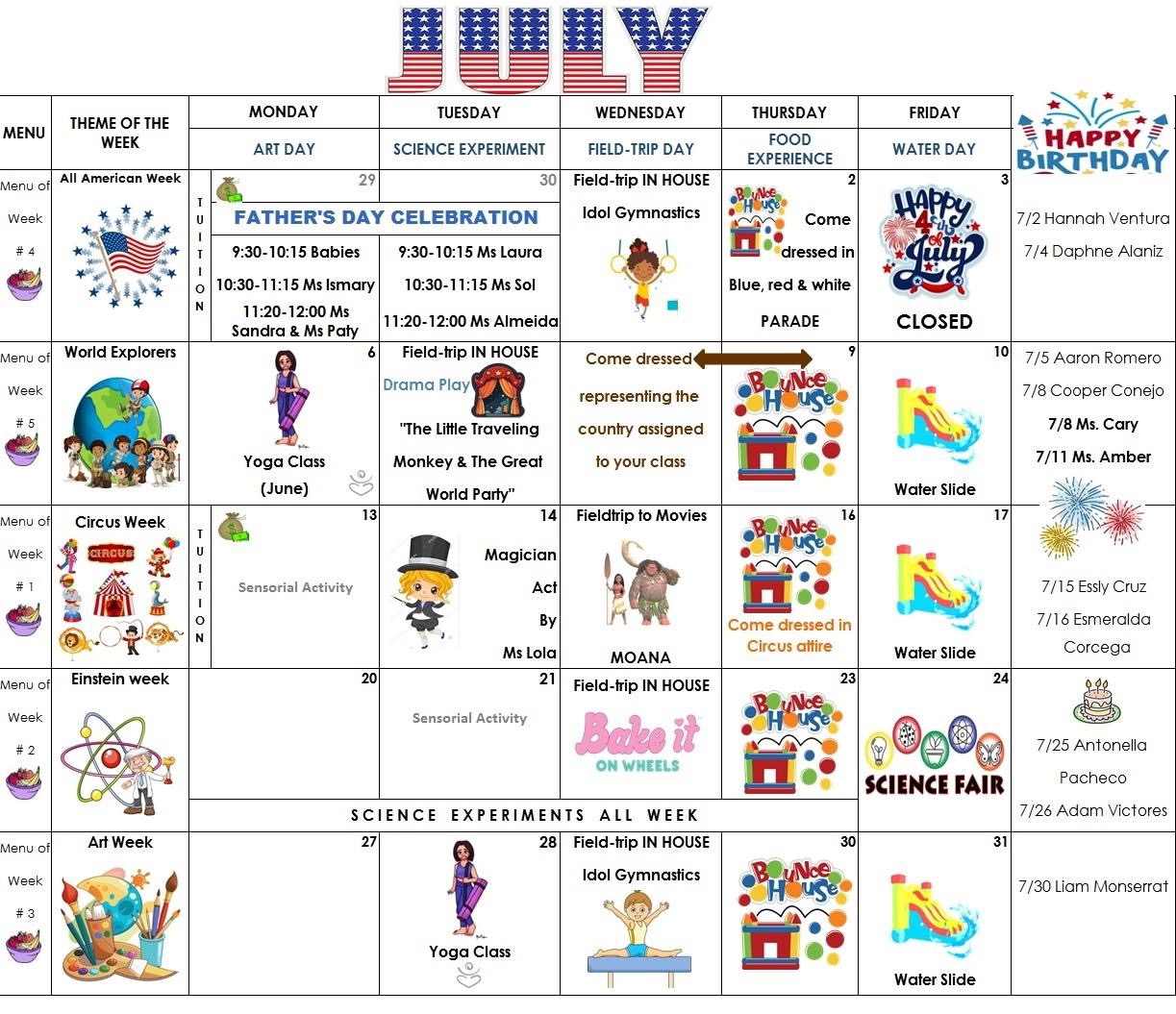 Creativa Academy July 2026 calendar with weekly themes