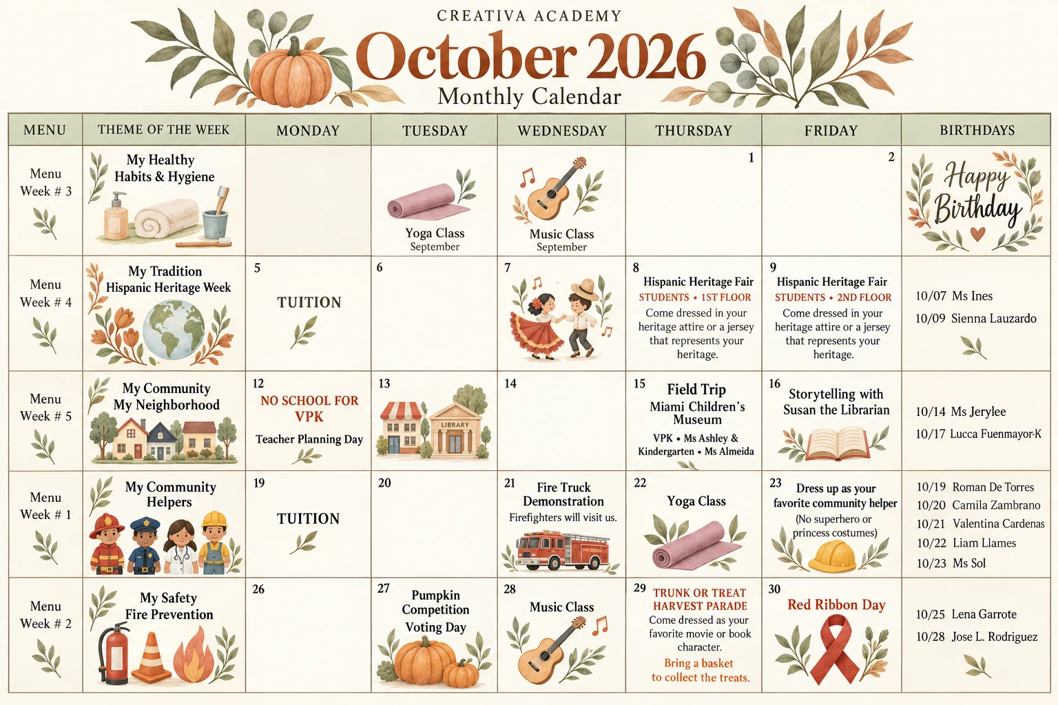 Creativa Academy October 2026 monthly calendar